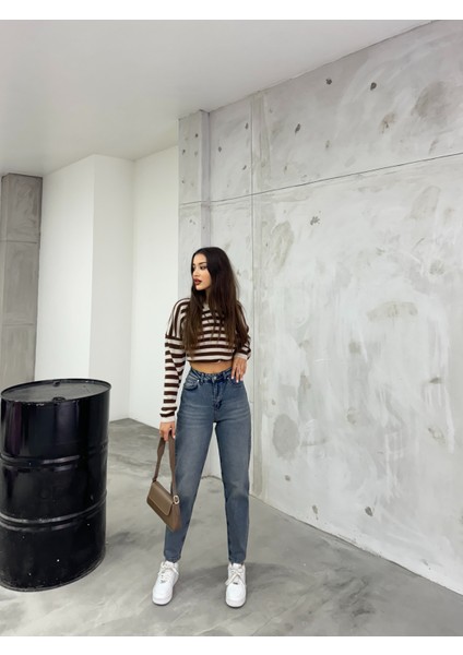 Kadın Esnek/likralıyüksek Bel Mom Jeans fırsatları