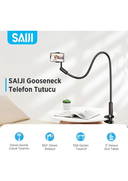 Saiji Ivy-4 95 cm 360° Derece Dönebilen, Ayarlanabilir ve Dayanıklı 4.7-7″ Inç Esnek Kollu Flexible Akrobat Telefon Tutucu Ivyıv-95