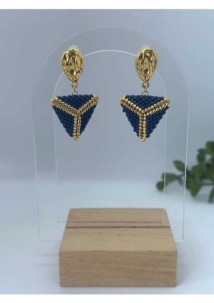 Lacivert, Gold, Üçgen, Miyuki Küpe, Marine, Handmade,