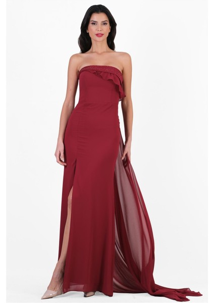 Crocina Devrik Straplez Yaka Taşlı Yırtmaçlı Uzun Abiye Elbise Bordo