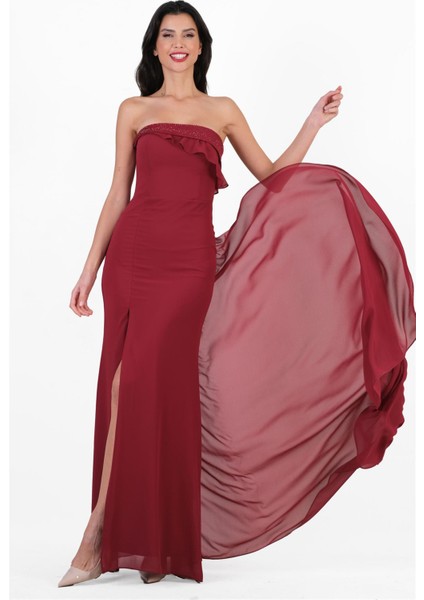 Crocina Devrik Straplez Yaka Taşlı Yırtmaçlı Uzun Abiye Elbise Bordo fiyatları