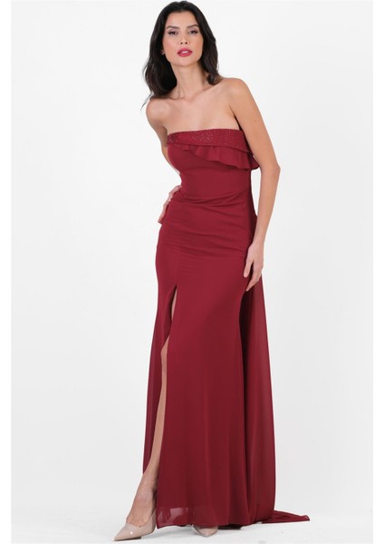 Crocina Devrik Straplez Yaka Taşlı Yırtmaçlı Uzun Abiye Elbise Bordo modelleri