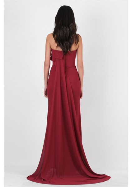Crocina Devrik Straplez Yaka Taşlı Yırtmaçlı Uzun Abiye Elbise Bordo indirimleri