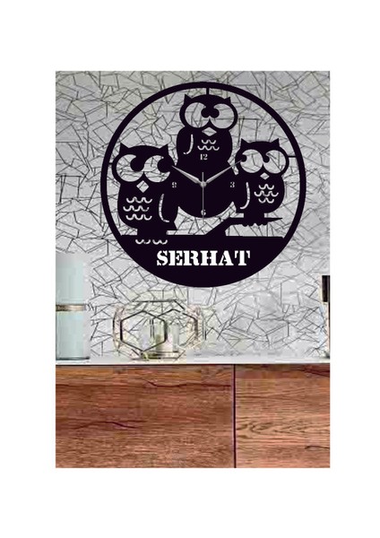 Kişiye Özel Baykuşlar Temalı Dekoratif Ahşap Duvar Saati