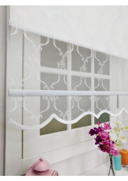 Çiftli Sistem Yeni Beyaz Sarmaşık Çiçek Desen Örme Tül + Stor fiyatları