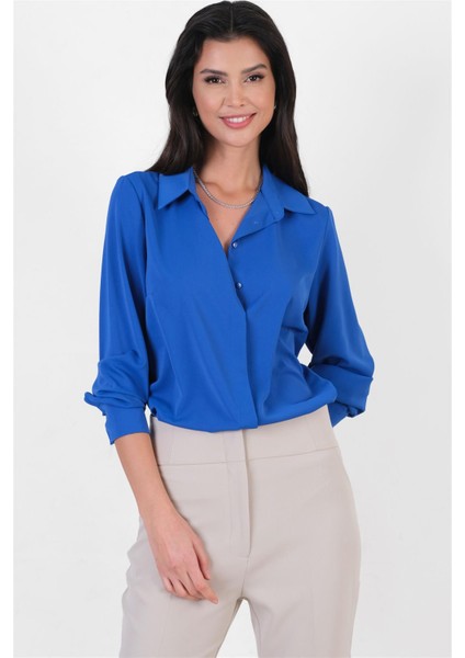 Lluvy Uzun Kollu Gizli Pat Düğmeli Bluz Saks