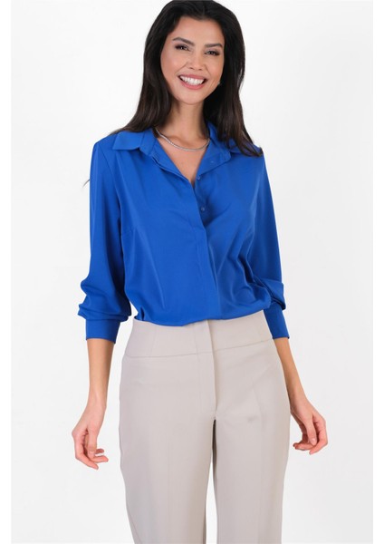 Lluvy Uzun Kollu Gizli Pat Düğmeli Bluz Saks modelleri