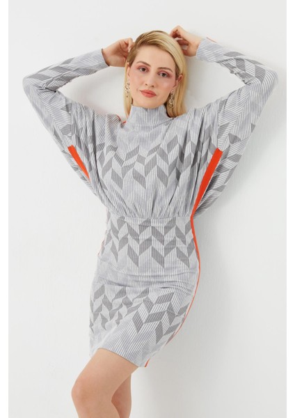 Balıkçı Yaka Turuncu Grogren Detaylı Örme Elbise modelleri