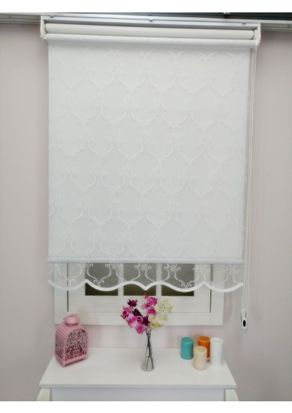 Çiftli Sistem Yeni Beyaz Sarmaşık Çiçek Desen Örme Tül + Stor indirimleri