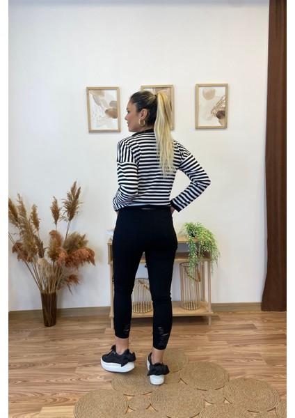 Siyah Slim Fit Lazer Kesim Yırtık Detaylı Jean