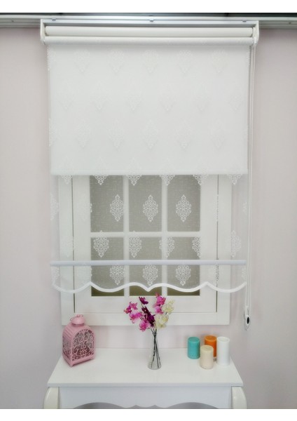 Çiftli Sistem Yeni Şantuklu Damask Desenli Tül + Stor