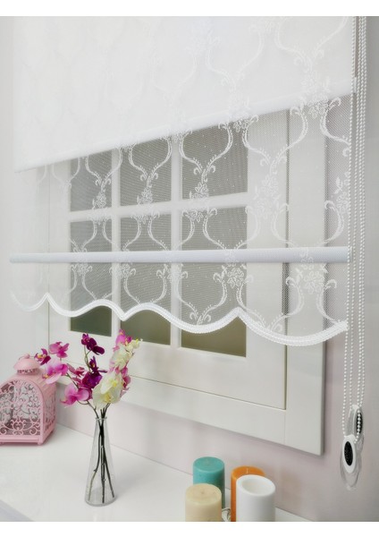 Çiftli Sistem Yeni Beyaz Sarmaşık Çiçek Desen Örme Tül + Stor