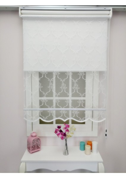 Çiftli Sistem Yeni Beyaz Sarmaşık Çiçek Desen Örme Tül + Stor modelleri