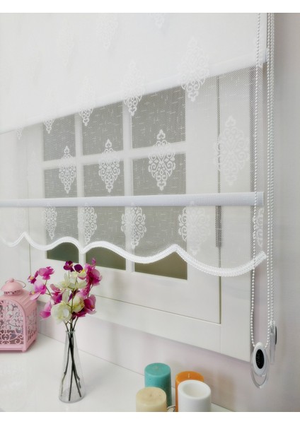 Çiftli Sistem Yeni Şantuklu Damask Desenli Tül + Stor