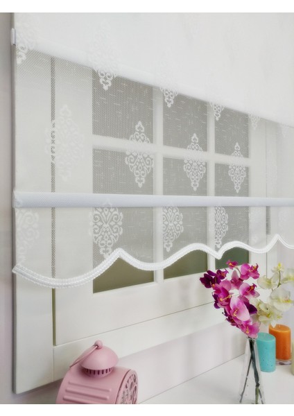 Çiftli Sistem Yeni Şantuklu Damask Desenli Tül + Stor modelleri