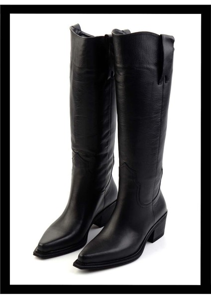 Siyah Deri Kadın Çizme 6 Cm Topuklu