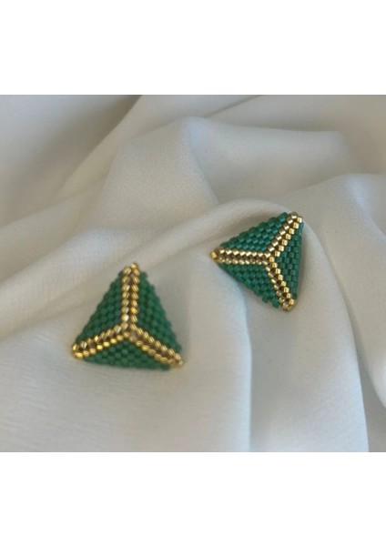 Yeşil, Gold, Üçgen, Miyuki Küpe, Marine, Handmade,