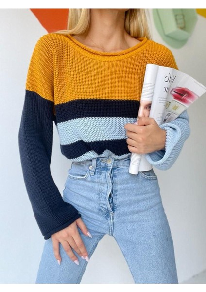 Kadın Renkli Çizgli Balon Kol Triko