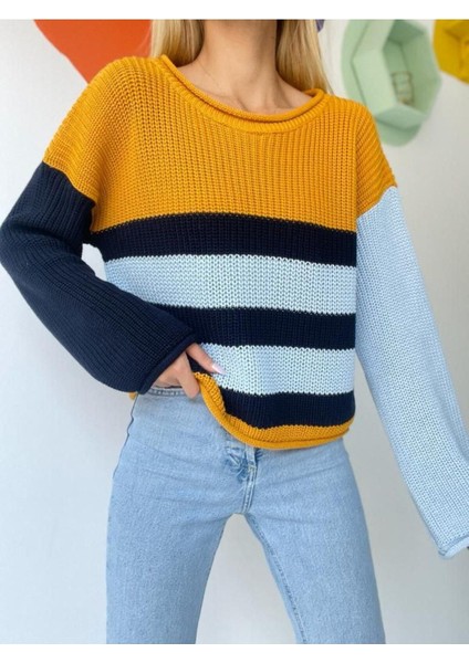 Kadın Renkli Çizgli Balon Kol Triko fiyatları