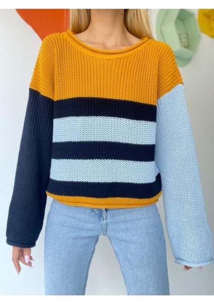 Kadın Renkli Çizgli Balon Kol Triko modelleri