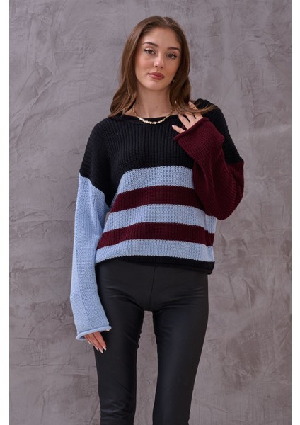 Kadın Renkli Çizgli Balon Kol Triko