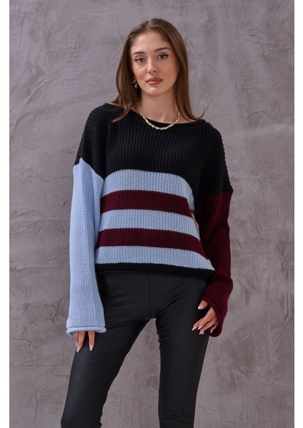 Kadın Renkli Çizgli Balon Kol Triko fiyatları