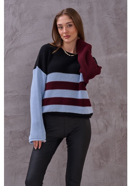 Kadın Renkli Çizgli Balon Kol Triko modelleri