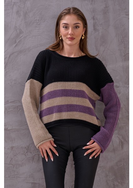 Kadın Renkli Çizgli Balon Kol Triko