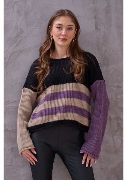 Kadın Renkli Çizgli Balon Kol Triko fiyatları