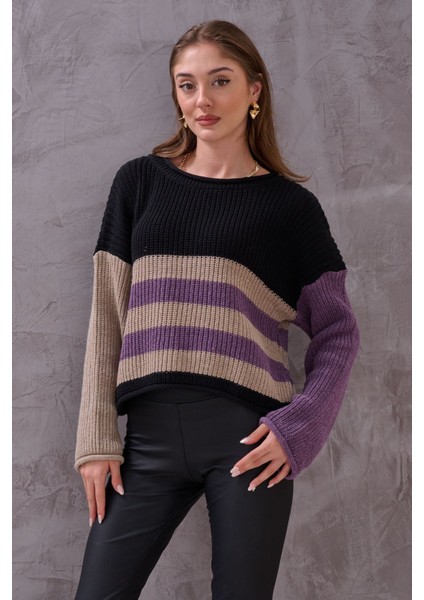 Kadın Renkli Çizgli Balon Kol Triko modelleri