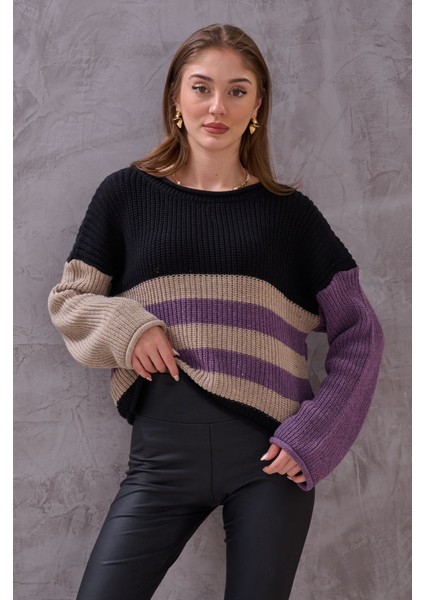 Kadın Renkli Çizgli Balon Kol Triko fırsatları