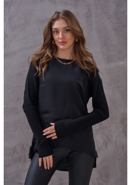 Kadın Önü Saten Detay Zarif Klasik Tasarım Triko Bluz
