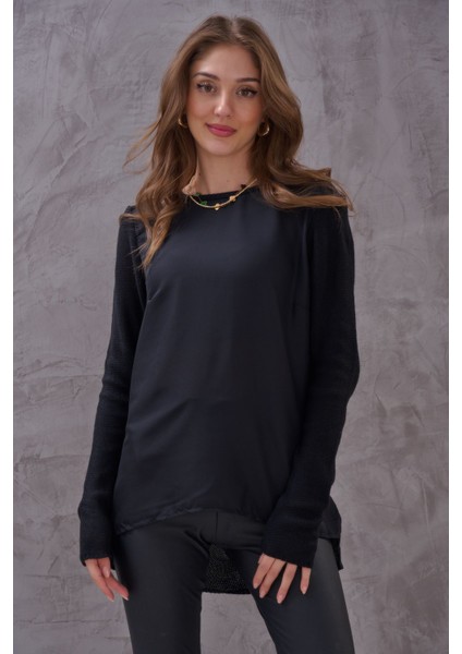 Kadın Önü Saten Detay Zarif Klasik Tasarım Triko Bluz fırsatları