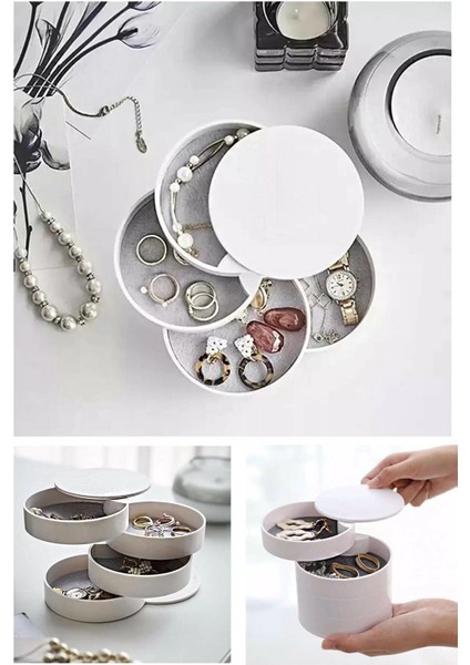 4 Katlı Dönebilen Silindir Takı ve Makyaj Organizer Kutusu