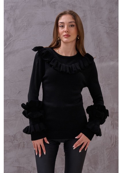 Kadın Yaka ve Kol Kısmı Volan Fırfır Detaylı Şık Yumuşak Triko Kazak