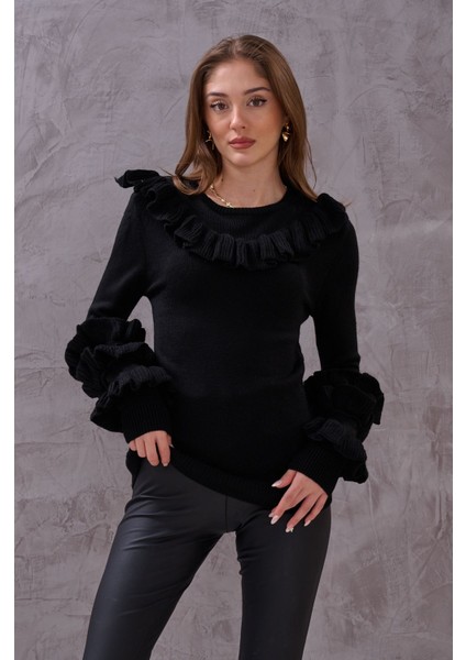 Kadın Yaka ve Kol Kısmı Volan Fırfır Detaylı Şık Yumuşak Triko Kazak modelleri