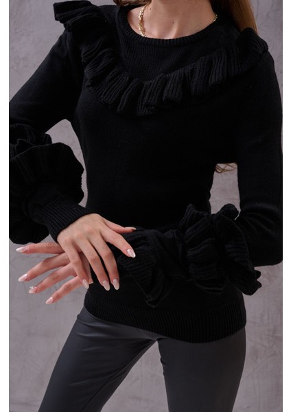 Kadın Yaka ve Kol Kısmı Volan Fırfır Detaylı Şık Yumuşak Triko Kazak fırsatları