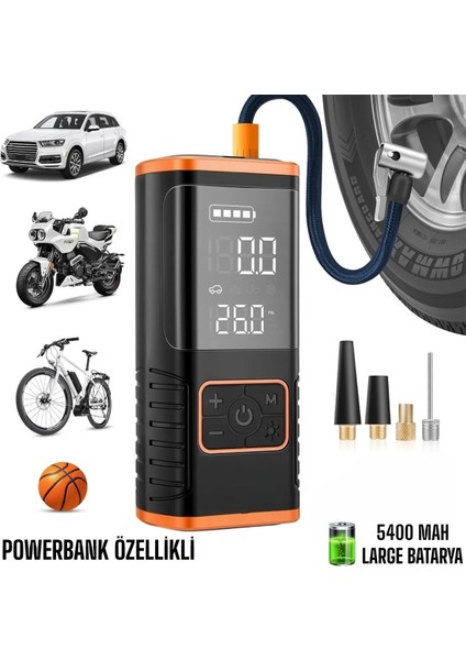 Dijital Ekranlı 5400 Mah 4ın1 Şarjlı Taşınabilir Araç Lastik Top Şişirme Pompası Oto Hava Kompresörü