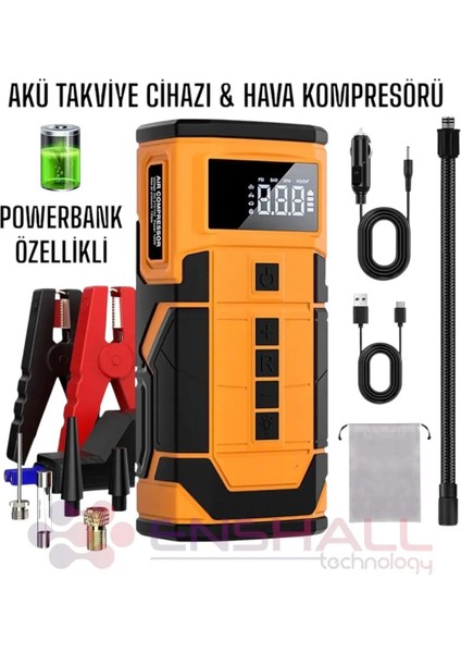 Kablosuz Şarjlı Taşınabilir Araç Akü Takviyeli, Powerbank Destekli Oto Hava Kompresörü