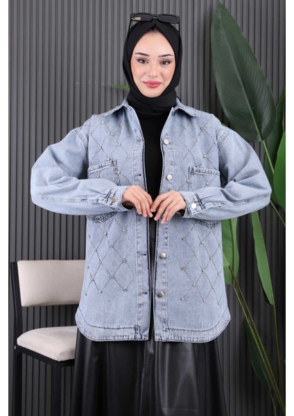 Mavi Taş İşlemeli Kot Ceket