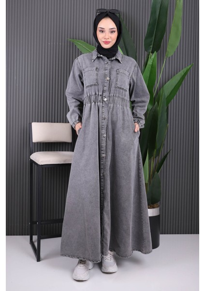 Füme Bel Lastikli Düğmeli Kot Elbise