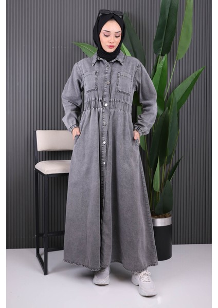 Füme Bel Lastikli Düğmeli Kot Elbise fiyatları