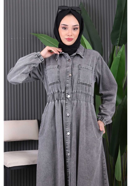 Füme Bel Lastikli Düğmeli Kot Elbise modelleri