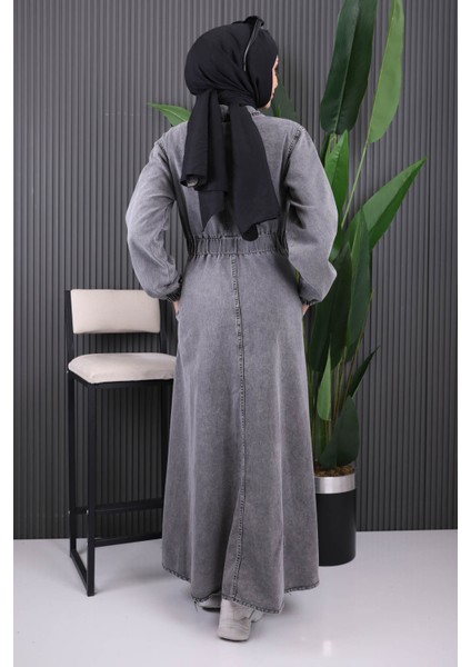 Füme Bel Lastikli Düğmeli Kot Elbise fırsatları