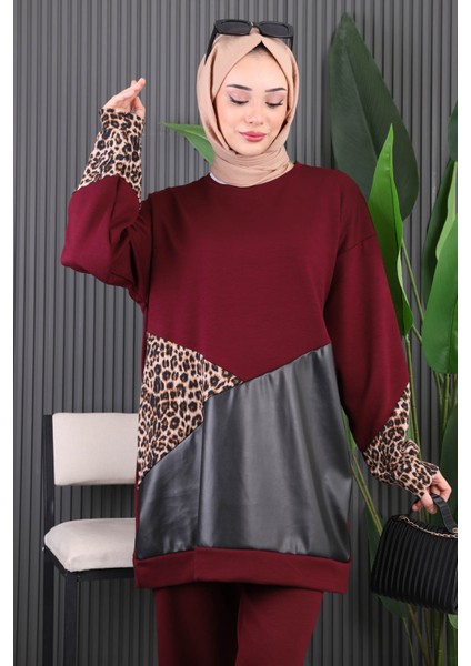 Bordo Deri Garnili Modal Tunik Pantolonlu Takım modelleri