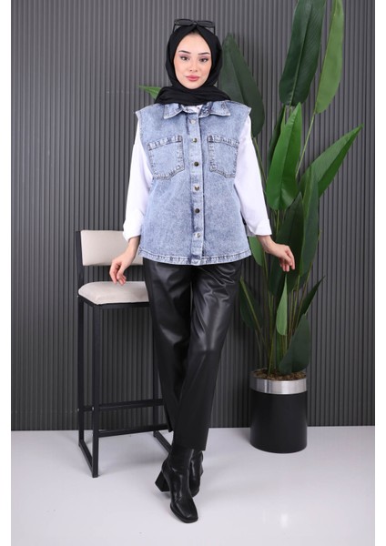 Mavi Cepli Önü Çıtlı Kot Yelek fiyatları