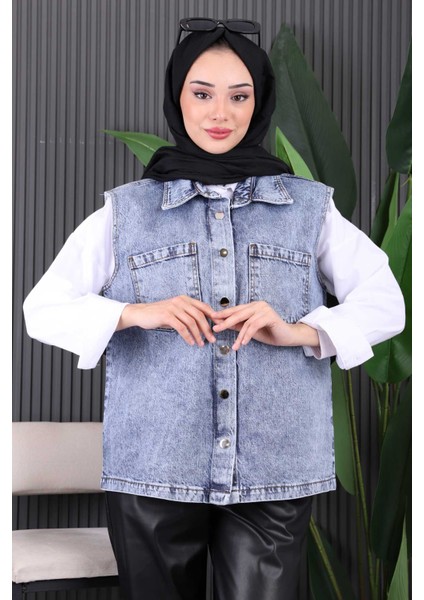 Mavi Cepli Önü Çıtlı Kot Yelek modelleri