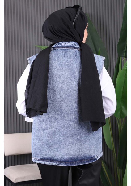 Mavi Cepli Önü Çıtlı Kot Yelek fırsatları