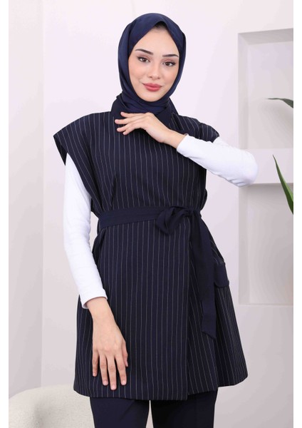Lacivert Bel Kuşaklı Yelek Pantolonlu Takım modelleri