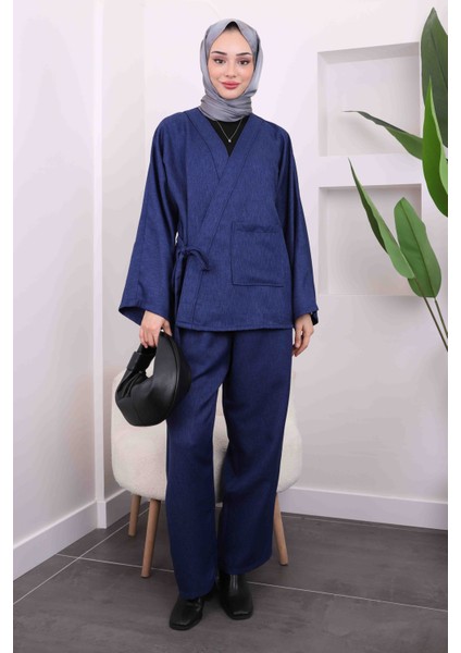 Lacivert Yan Bağlamalı Cepli Kimono Pantolon Takım